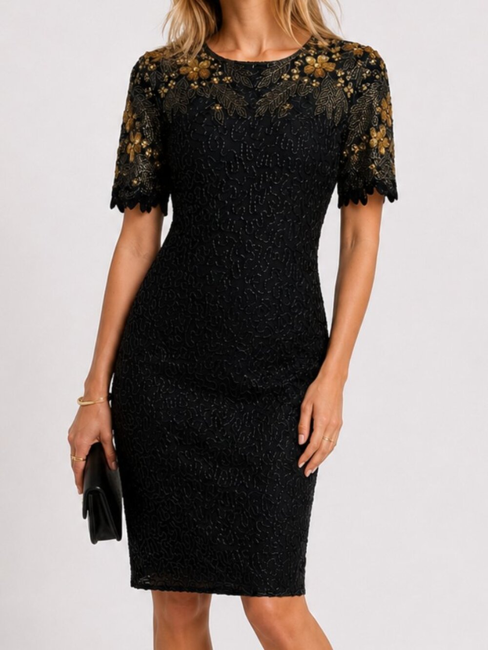VINTAGE 80s Silk Beaded Short Sleeve Cocktail Dress Black Gold M